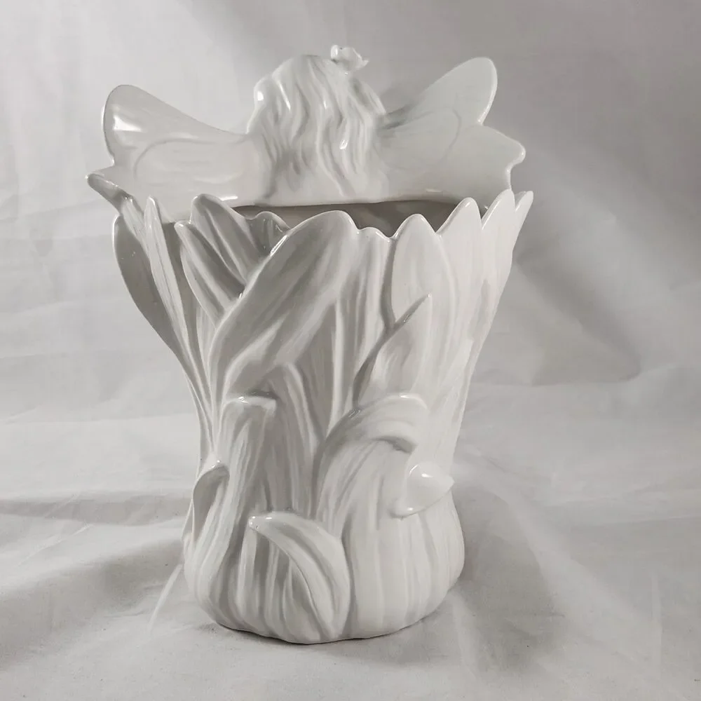 Vtg Fitz and Floyd White Bisque Porcelain Fairy Planter or Vase 8.5